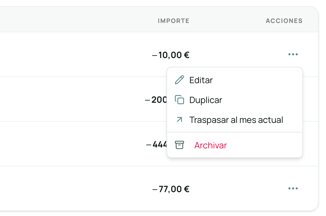 Opciones de un movimiento planificado
