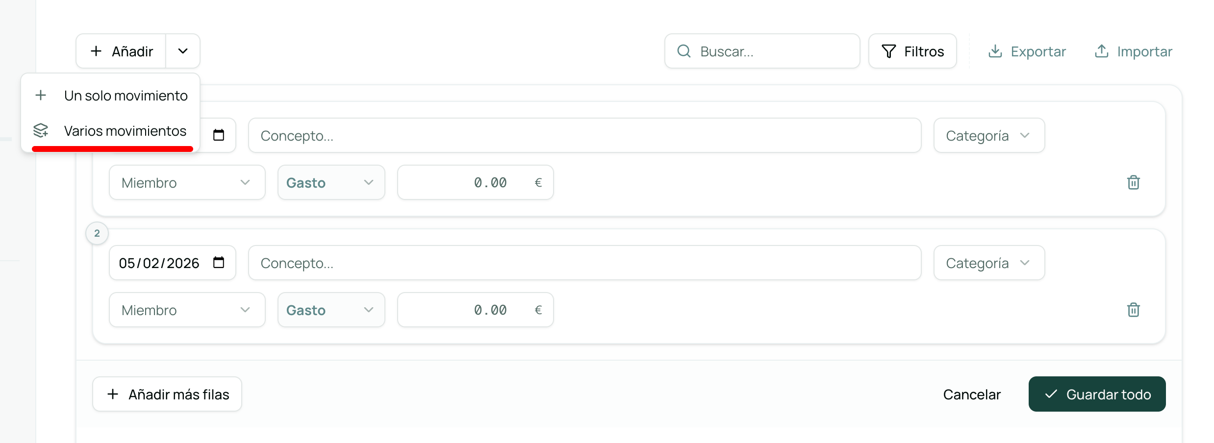 Añadir movimientos en bloque