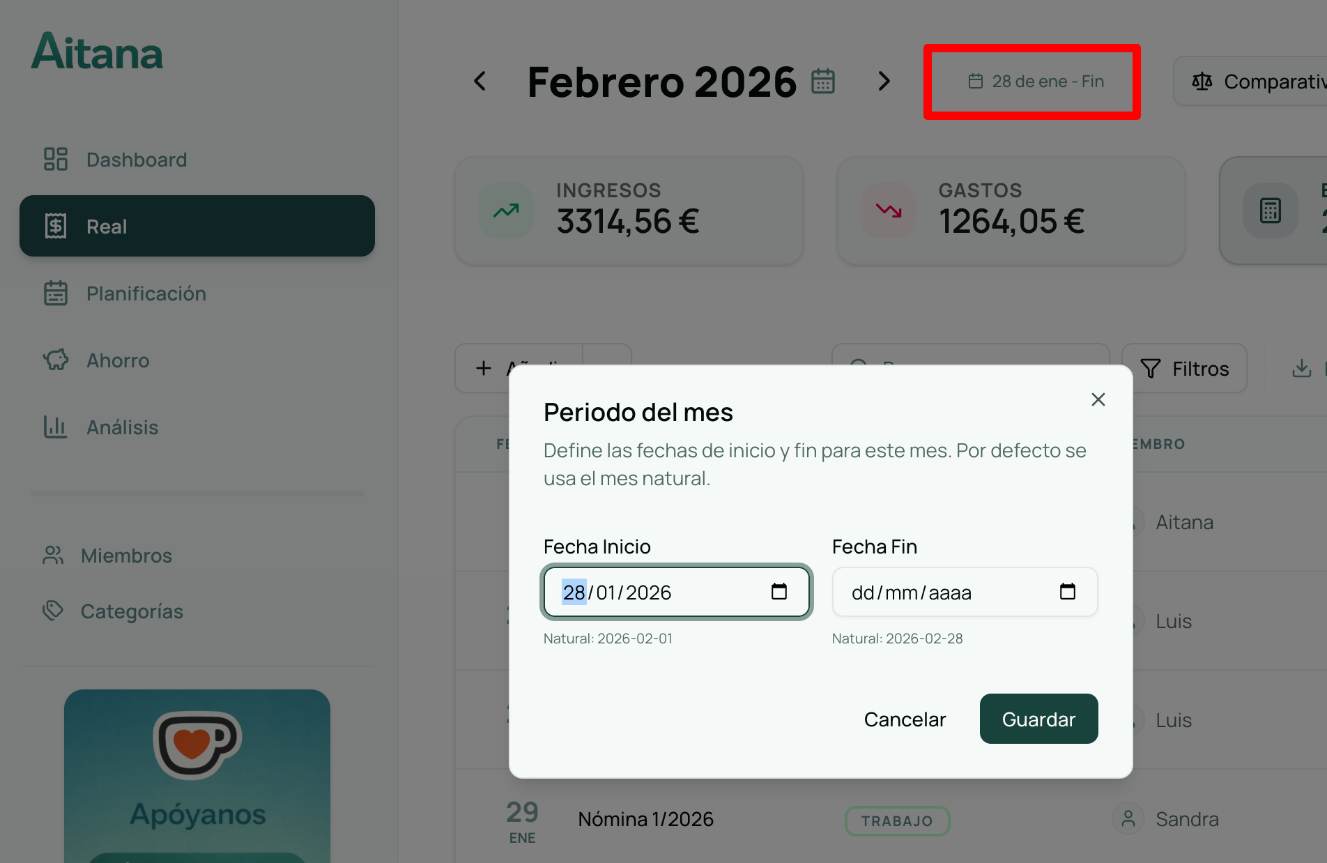 Periodo personalizado